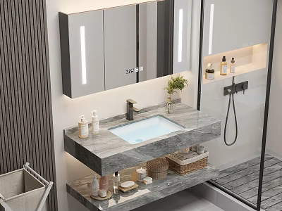 Modern Bathroom Cabinet with Marble Countertop LED Mirror and Toiletries Shelves 3d model