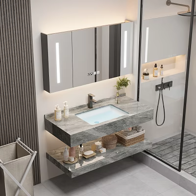 Modern Bathroom Cabinet with Marble Countertop LED Mirror and Toiletries Shelves 3d model