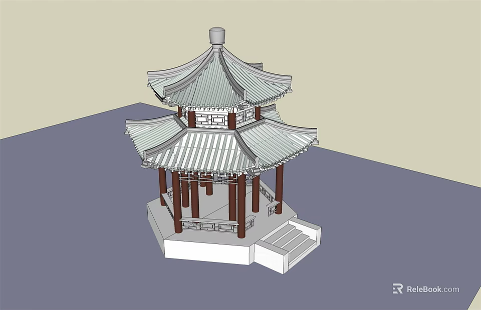 Traditional Chinese Pavilion Design With Multi Layered Roof Wooden Columns And Stone Steps 3d model 