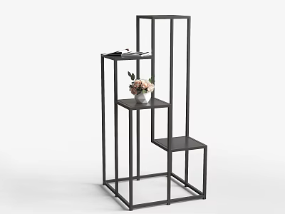 Modern Black Metal Shelving Unit With Multi Tier Varying Height Shelves And Small Potted Plant 3d model