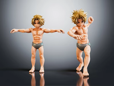 Two Male Character Figures With Blonde Hair In Different Poses Displayed On Reflective Black Surface 3d model