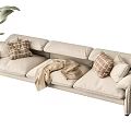 Beige Sectional Sofa with Plaid Pillows Cozy Blanket and Green Plant in Living Room