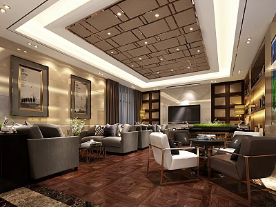 Hotel Public Lounge with Comfortable Sofas Chairs Coffee Tables Decorative Paintings and Wooden Ceiling 3d model