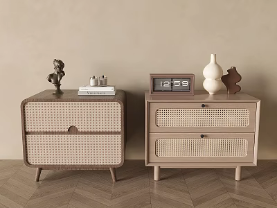 Two Modern Nightstands with Rattan Texture Drawers and Decorative Sculptures Books Clock Vases 3d model