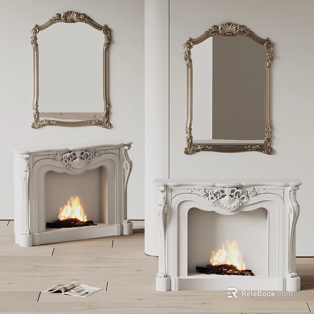 White Ornate Fireplace Design With Flames And Decorative Mirrors In Interior Space 3d model 