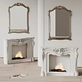 White Ornate Fireplace Design With Flames And Decorative Mirrors In Interior Space