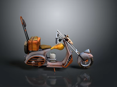 Vintage Motorcycle with Brown Luggage on Back Seat Brown Seat Metallic Finish and Orange Accents 3d model
