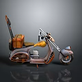 Vintage Motorcycle with Brown Luggage on Back Seat Brown Seat Metallic Finish and Orange Accents