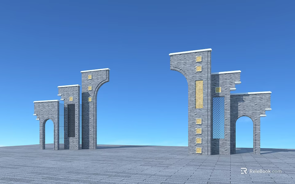 Modern Stone Entrance Gate With Archway Pillars Golden Accents And Symmetrical Design 3d model 