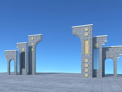 Modern Stone Entrance Gate With Archway Pillars Golden Accents And Symmetrical Design 3d model