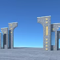 Modern Stone Entrance Gate With Archway Pillars Golden Accents And Symmetrical Design
