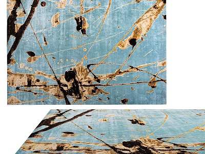 Modern Blue Square Rug with Gold and Black Abstract Patterns for Living Room Decor 3d model