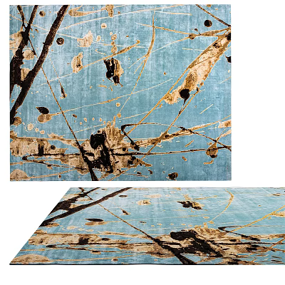 Modern Blue Square Rug with Gold and Black Abstract Patterns for Living Room Decor 3d model