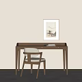Minimalist Modern Wooden Desk And Chair Set With Beige Wall Framed Painting And Book