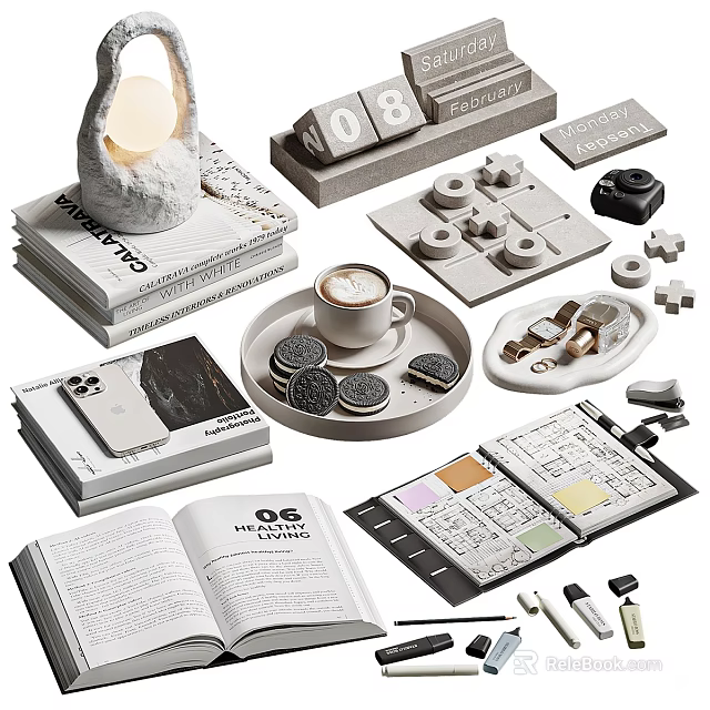 Decorative Desktop Ornament Set For Home Decor With Moon Figurine Coffee Cup Cookie And Calendar 3d model 