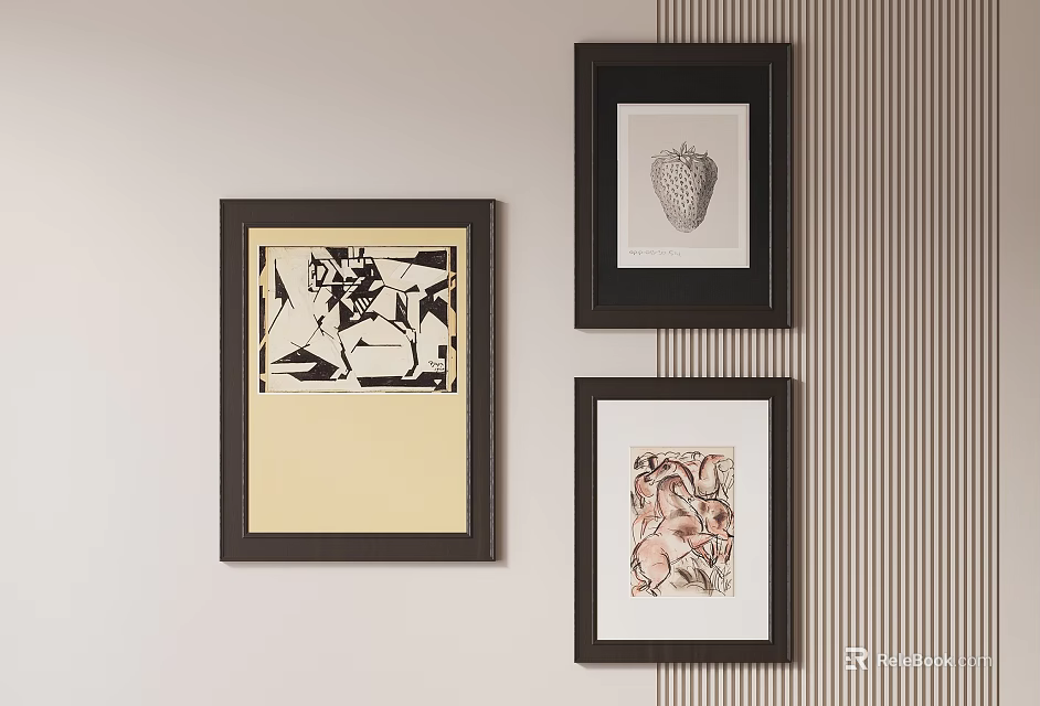 Abstract Paintings Wall Art Framed in Different Styles Hanging on Interior Wall 3d model