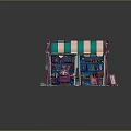 Cartoon Street Stall With Pink Green Striped Awning Bottles Books And Easel On Snowy Ground