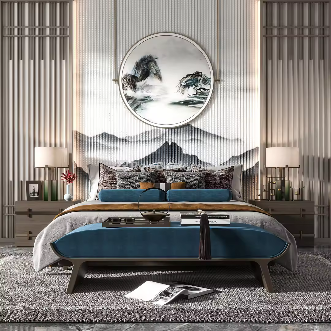 New Chinese Background Double Bed Double Bed Combination 3d model