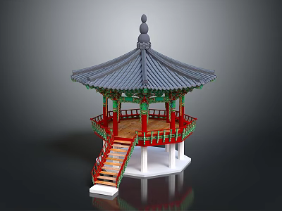 Traditional Oriental Pavilion With Multi tiered Roof Red Pillars Green Ornaments Wooden Stairs And Railings 3d model