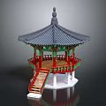 Traditional Oriental Pavilion With Multi tiered Roof Red Pillars Green Ornaments Wooden Stairs And Railings