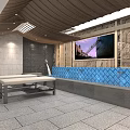 Indoor Leisure Area Featuring Wooden Ceiling Gray Stone Walls Blue Mosaic Pool And Metal Benches