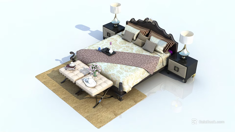 Elegant Double Bed With Bedside Tables Table Lamps And Bed Bench On Rug 3d model 