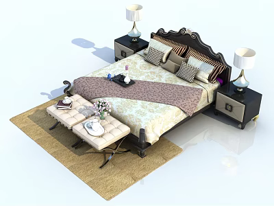 Elegant Double Bed With Bedside Tables Table Lamps And Bed Bench On Rug 3d model