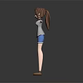 Human Character 3D Model With Brown Hair Green Eyes Gray Coat Blue Shorts Arms Outstretched