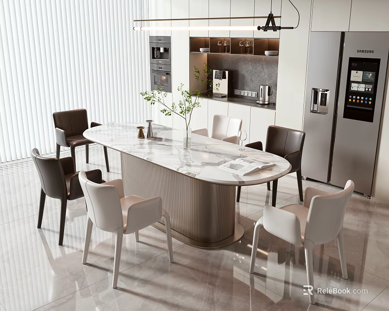Modern Dining Table Set With Marble Top And White Brown Chairs In Kitchen 3d model 