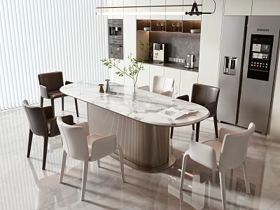 Modern Dining Table Set With Marble Top And White Brown Chairs In Kitchen 3d model