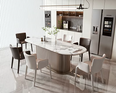 Modern Dining Table Set With Marble Top And White Brown Chairs In Kitchen 3d model