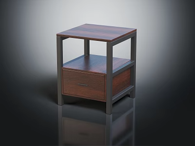 Modern Bedside Table With Wooden Top Metal Frame Drawer And Open Shelf 3d model