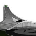 Modern Architecture Building With Streamlined Roof Metal Stripes Square Skylight And Landscaped Lawns Curved Paths