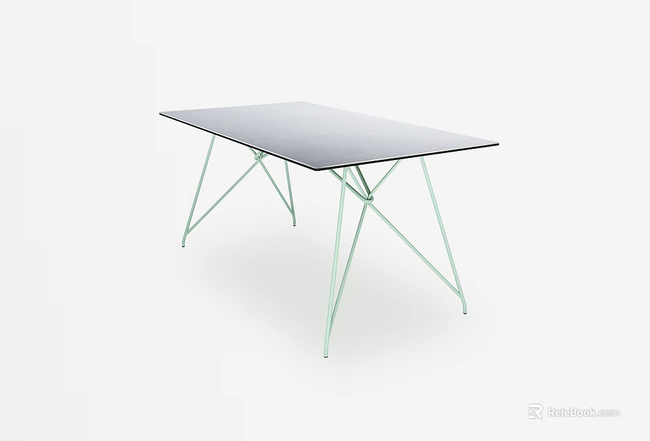 Modern Dining Table With Black Glass Top And Light Green Metal Legs 3d model 