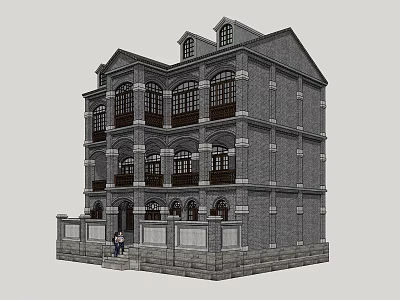 Classical Style Commercial Complex with Gray Brick Exterior Arched Windows and Balconies 3d model