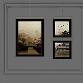 Three Abstract Paintings With Black Frames On Grey Wall Featuring Traditional Landscape Architecture And Birds