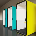 Colorful Transparent Work Booths In Blue Teal Green Yellow With Table And Lighting