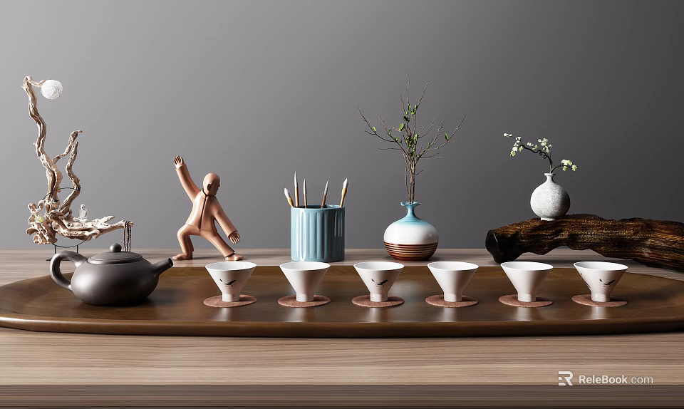 Natural Tea Set with Teapot Teacups on Wooden Table and Decorative Vases Twigs Figurine 3d model 