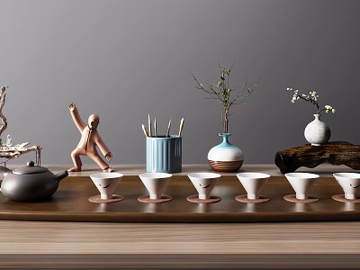 Natural Tea Set with Teapot Teacups on Wooden Table and Decorative Vases Twigs Figurine 3d model