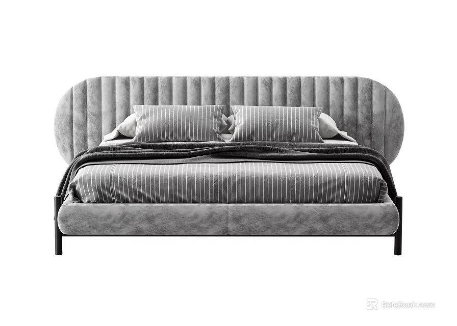 Modern Double Bed With Upholstered Gray Headboard And Striped Bed Sheets 3d model