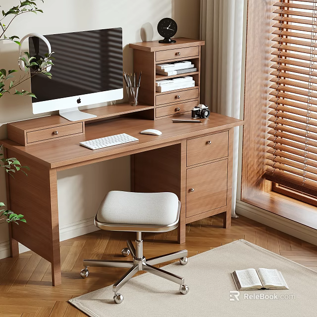 Organized Wooden Desk with Computer Keyboard Mouse Camera and Plant by Window Blinds 3d model 