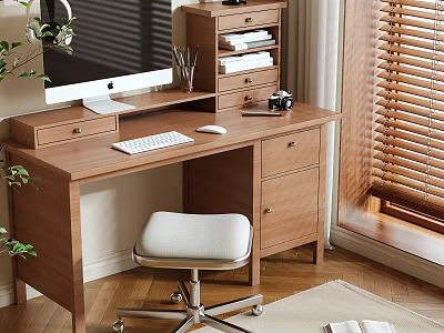 Organized Wooden Desk with Computer Keyboard Mouse Camera and Plant by Window Blinds 3d model