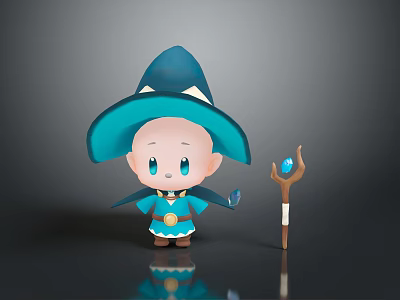 Cute Cartoon Character With Blue Hat Blue Cloak And Magic Staff With Blue Gem 3d model