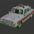 Vintage Police Car With White Exterior Orange Stripes And Blue Emergency Lights