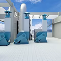 Industrial Equipment With Three Blue Ventilation Fans And Large Piping Systems On Industrial Facility Roof