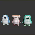 Cartoon Shark Plush Toys In Different Colors Standing With Reflection On Black Surface