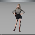 Blonde Woman In Gray Turtleneck Black Shorts Red Socks Brown Boots With Hands On Hips