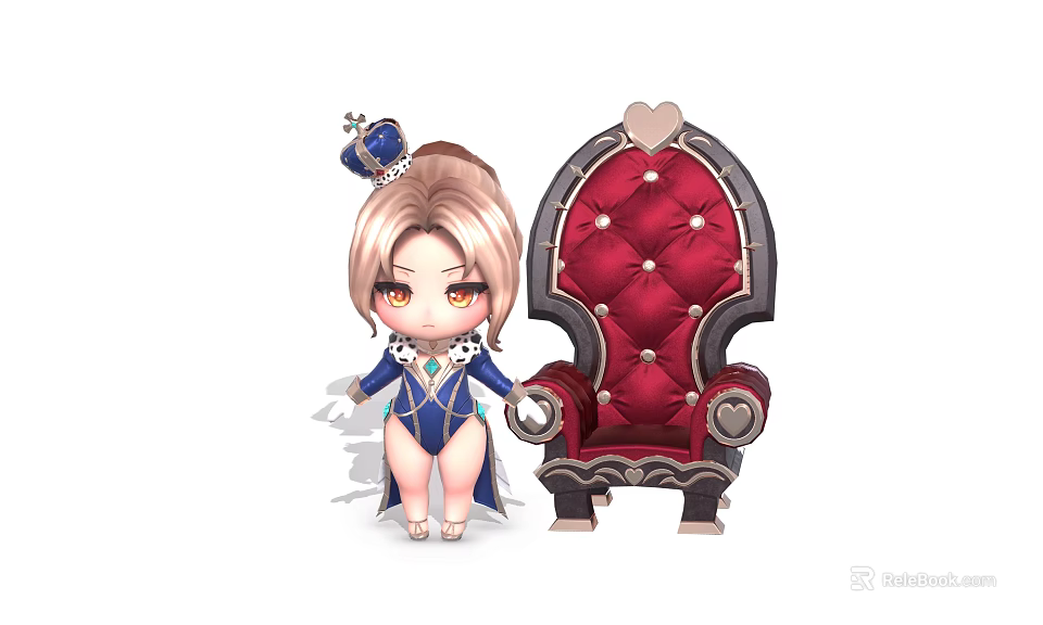 Cute Blonde Game Movie Character With Blue Outfit Crown And Red Throne 3d model 