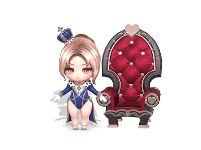 Cute Blonde Game Movie Character With Blue Outfit Crown And Red Throne 3d model
