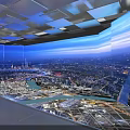 People Enjoying City Panorama At Modern Observation Deck With Glass Railings And Geometric Ceiling Design